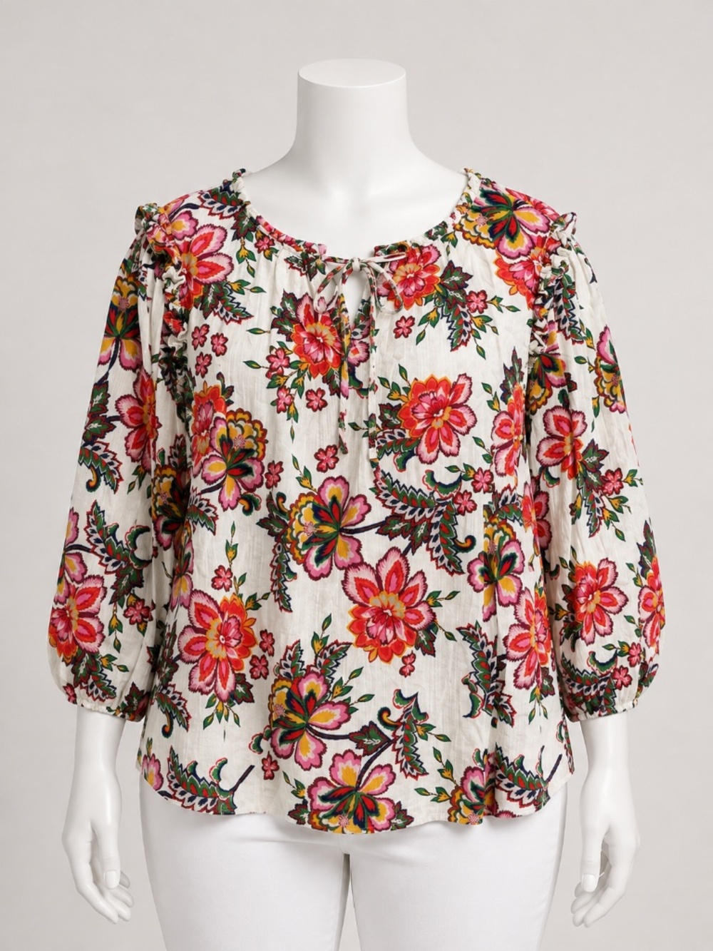 St. John's Bay White Multicolor Floral Print Peasant Blouse Size 1X